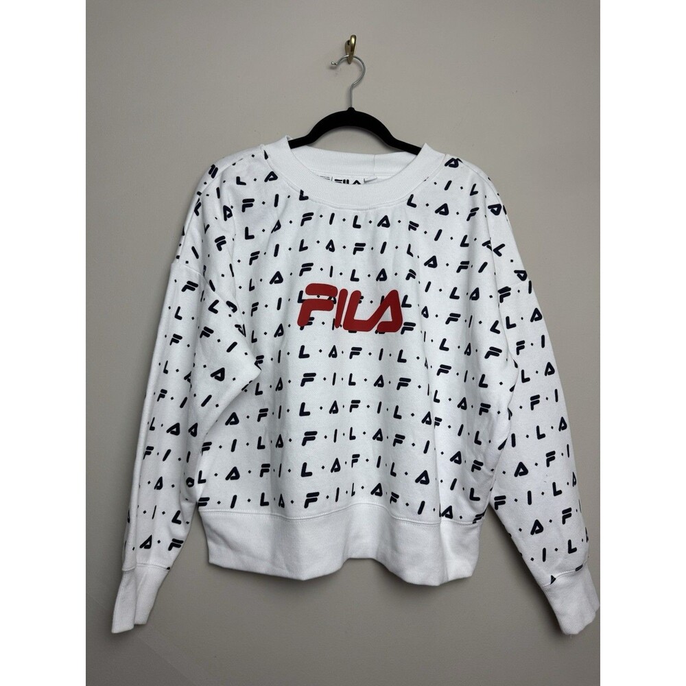 Fila Womens Sweatshirt Plus Size 1X Logo Spell Out White Crew Neck Cotton